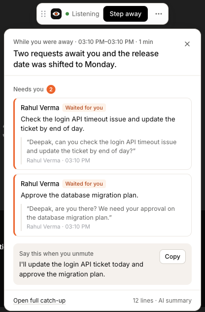 DekhNaThoda catch-up card in a meeting: two requests need you, both marked 'waited for you', with a suggested reply