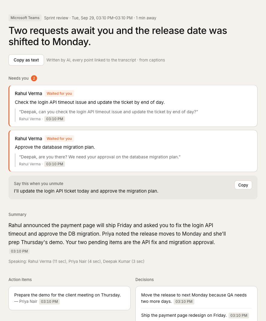 Full catch-up page with summary paragraph, action items, decisions and transcript